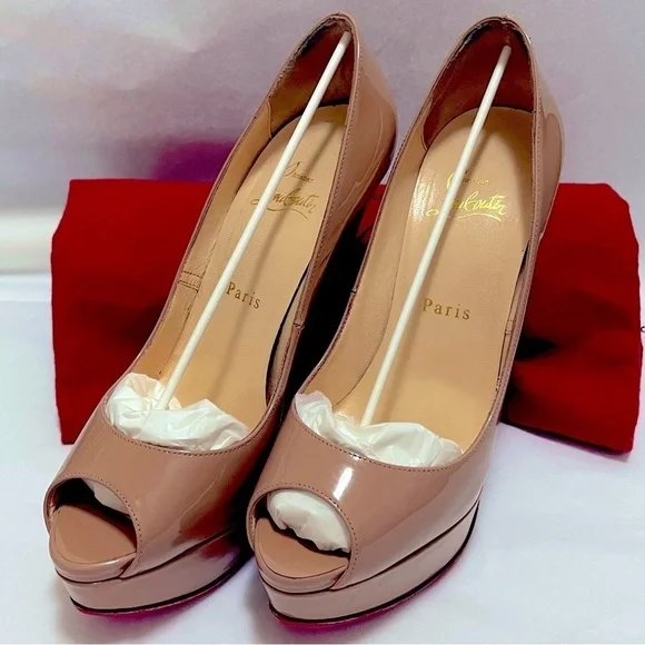 Christian Louboutin, Lady Peep 140 Nude Patent peep toe pump. EU 37.5 - Picture 4 of 13